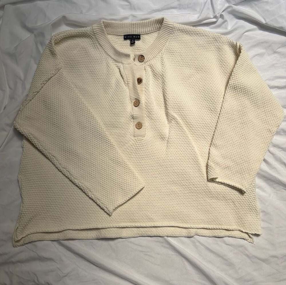 Miou Muse Cream Waffle Knit Button Front Sweater Size XS